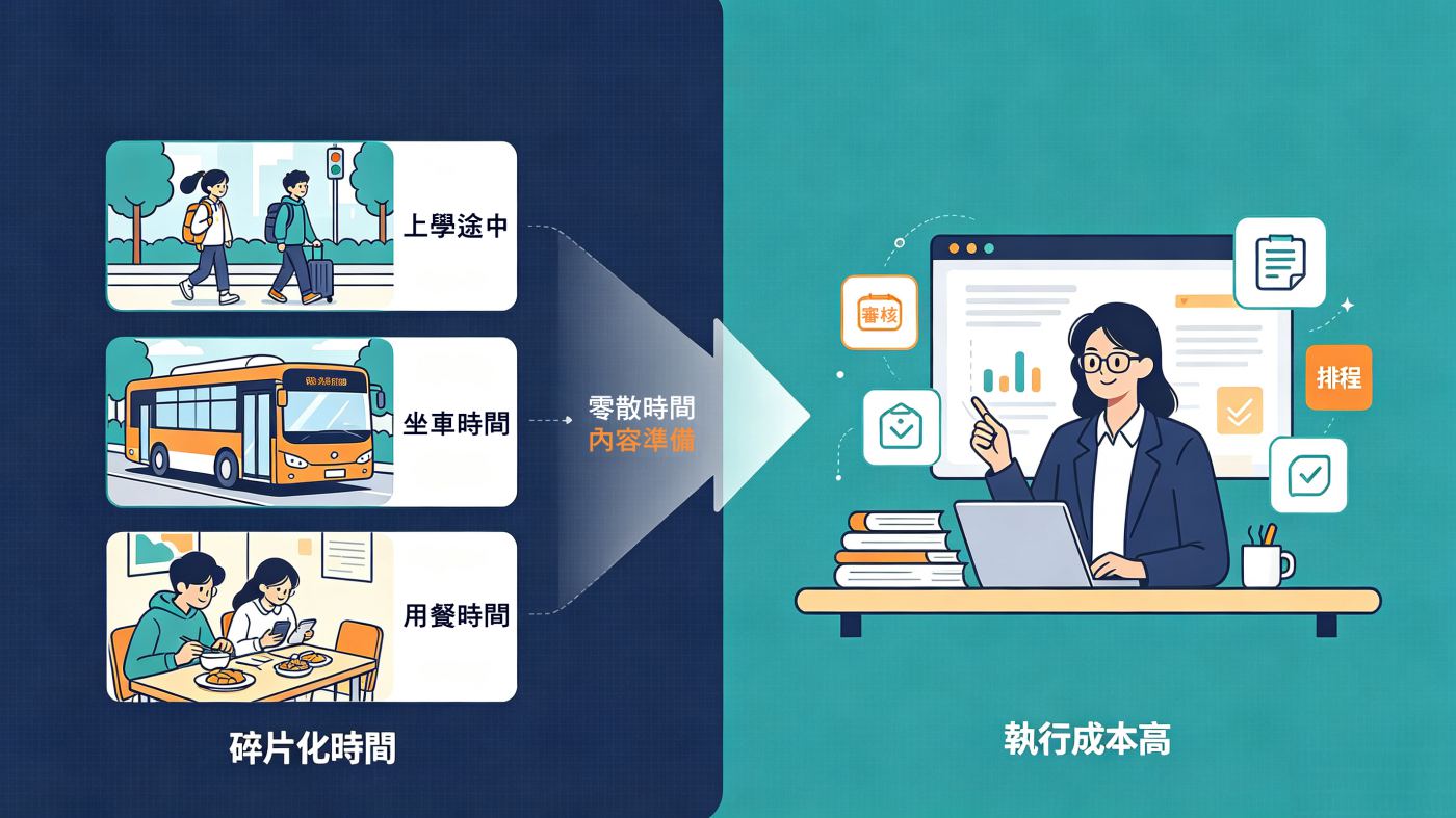 碎片化時間：上學途中、坐車時間、用餐時間，對應審核、排程等高執行成本