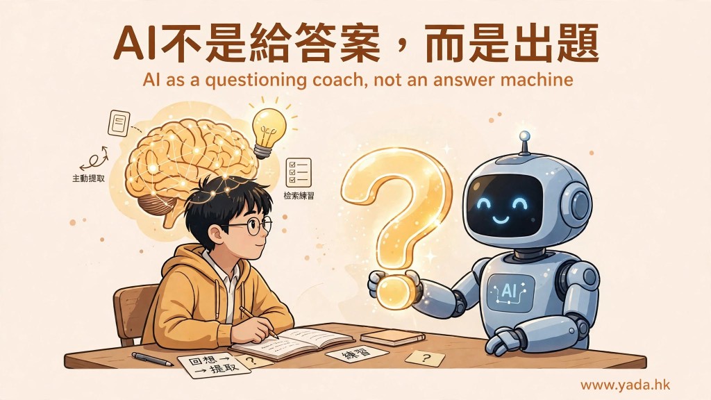 AI 不是給答案,而是出題:左邊是男孩在書桌前做練習卡,腦部插圖旁標示「主動提取」與「檢索練習」,右邊是機器人舉著一個大問號