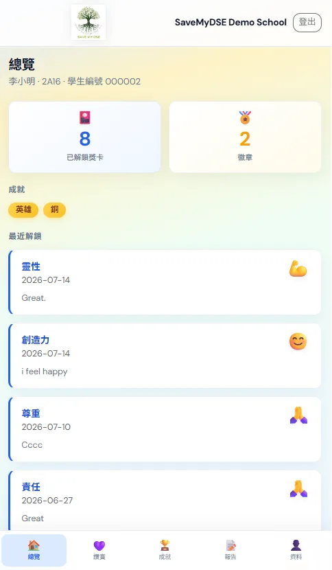 學生/家長總覽:解鎖紀錄與成就標籤