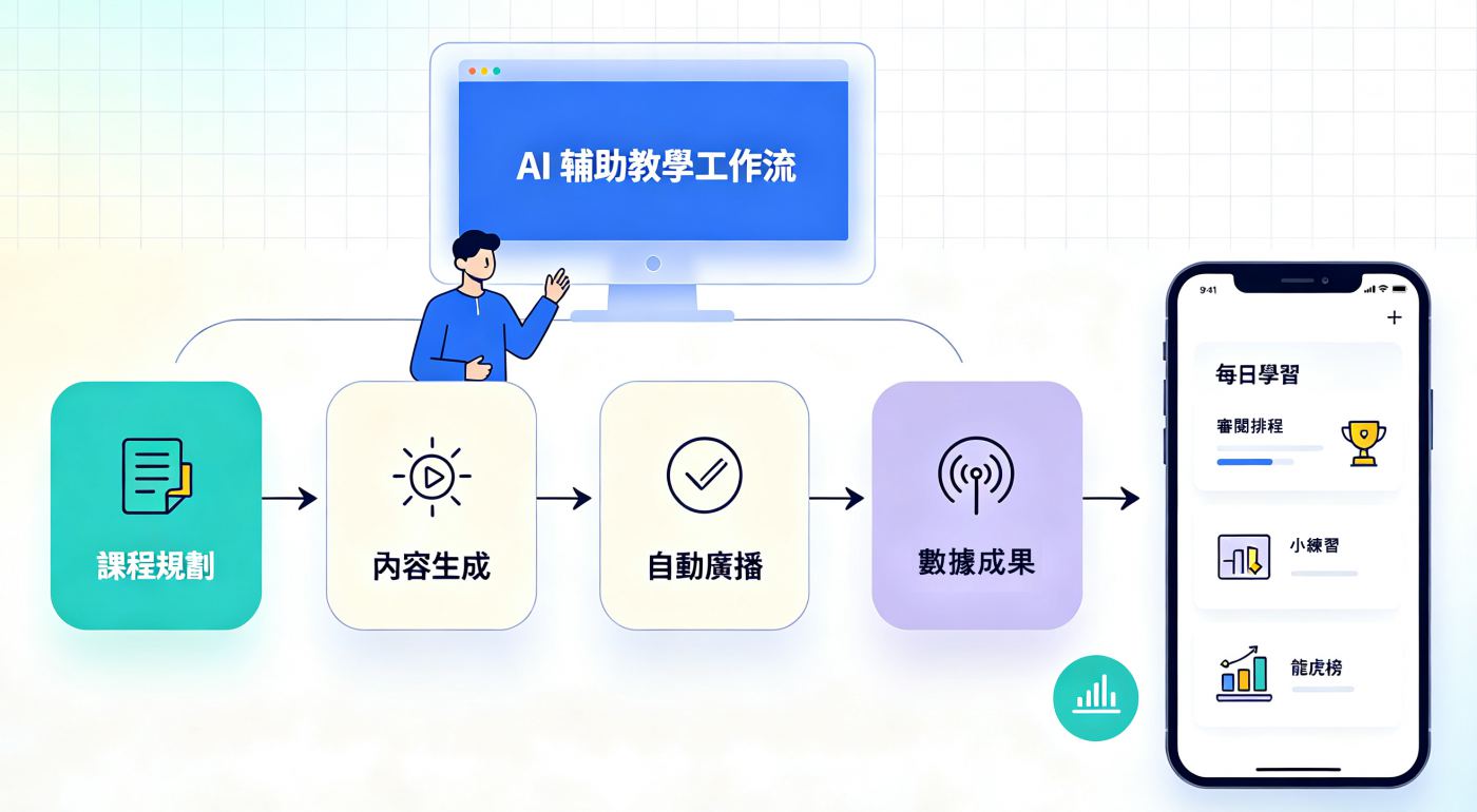 AI 辅助教学工作流：课程规划、内容生成、自动广播、数据成果