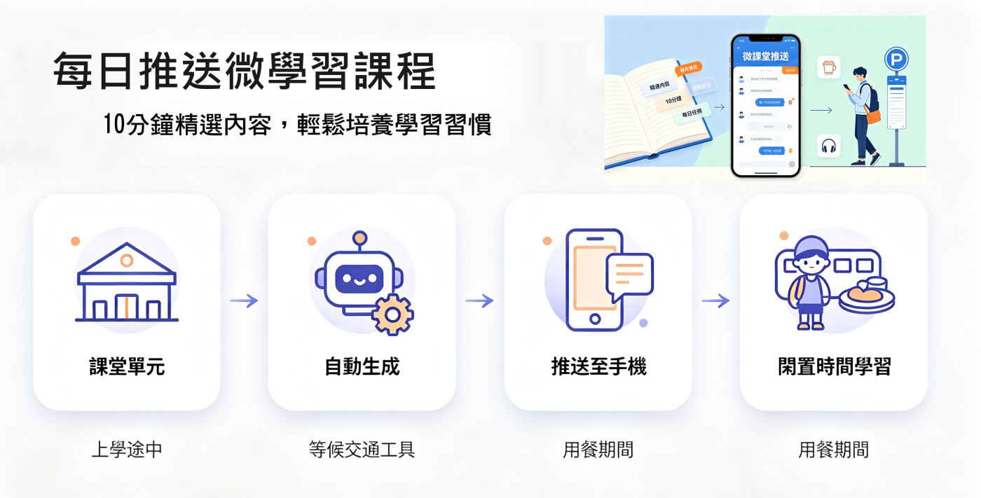 每日推送微學習課程：課堂單元、自動生成、推送至手機、閒置時間學習